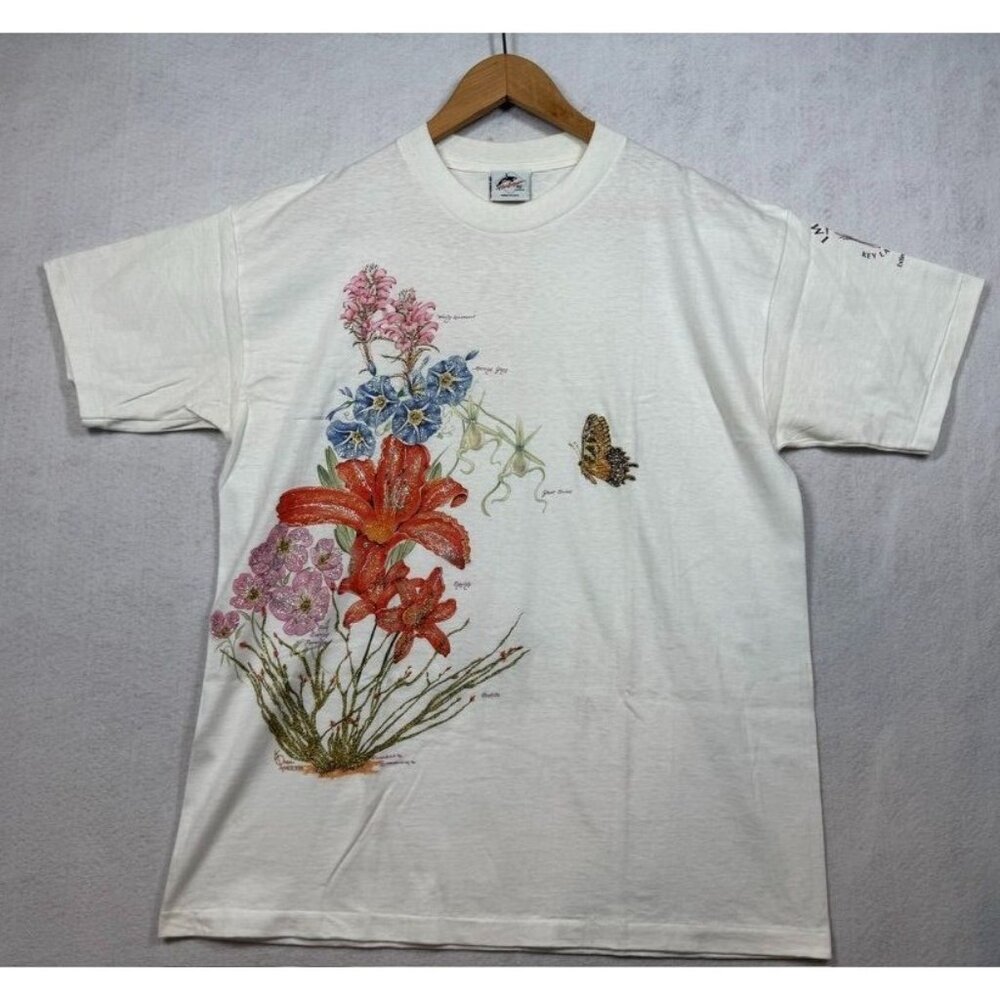 Vintage 90s Harlequin Graphic T-Shirt Floral Bling Florida Single Stitch Large